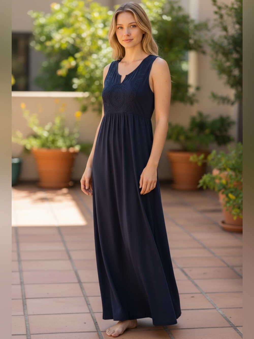 J. Jill Navy Sleeveless Crochet-Front Linen Blend Maxi Dress (D)